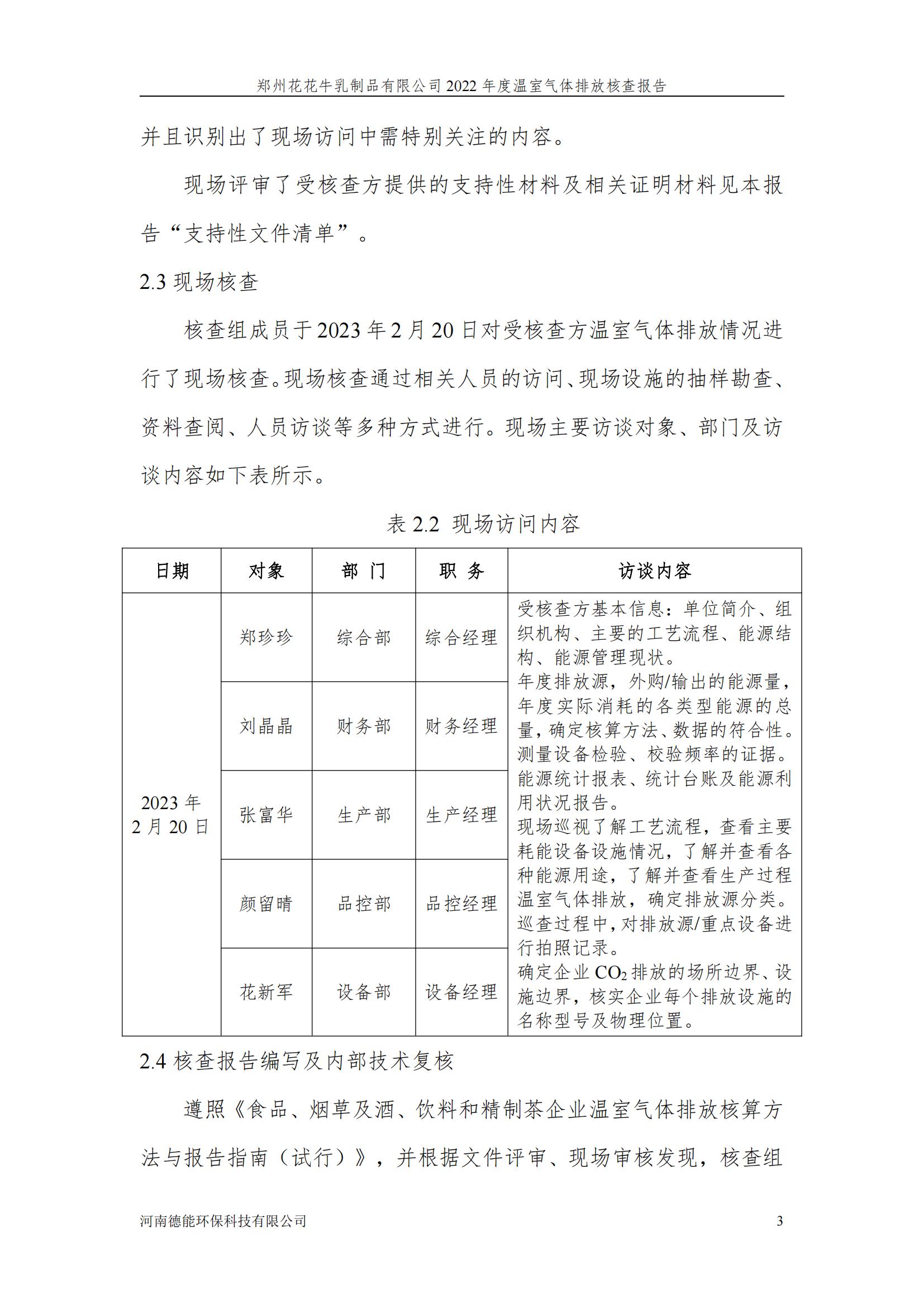 《鄭州花花牛乳制品有限公司2022年度溫室氣體排放核查報告》公示
